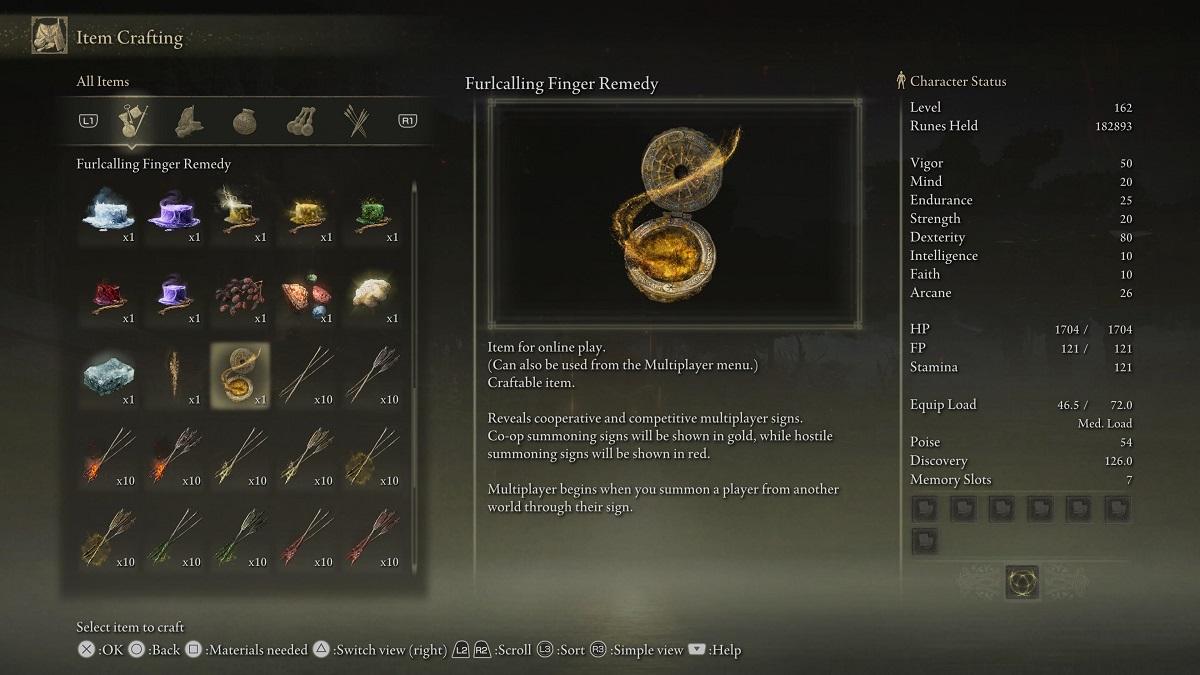 The Furlcalling Finger Remedy shown from the Crafting menu.