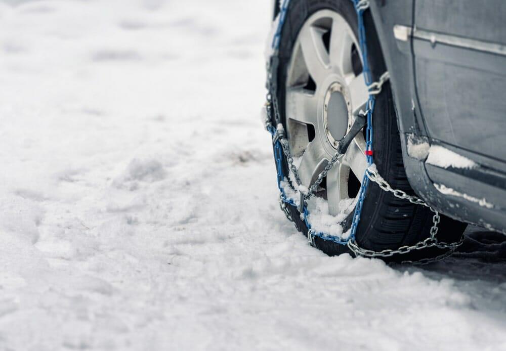 Car with snow chains on