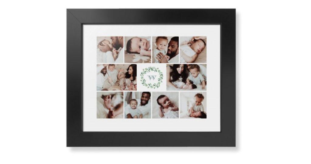 Framed collage with photo print of 10 different baby photos displayed in a dark brown wood picture frame