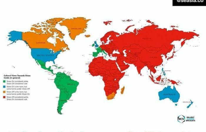 Map of countries that wear shoes indoors