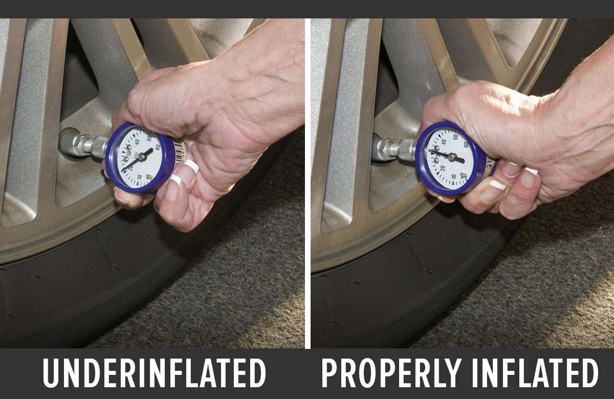 Side-by-side comparison of underinflated and properly inflated tires